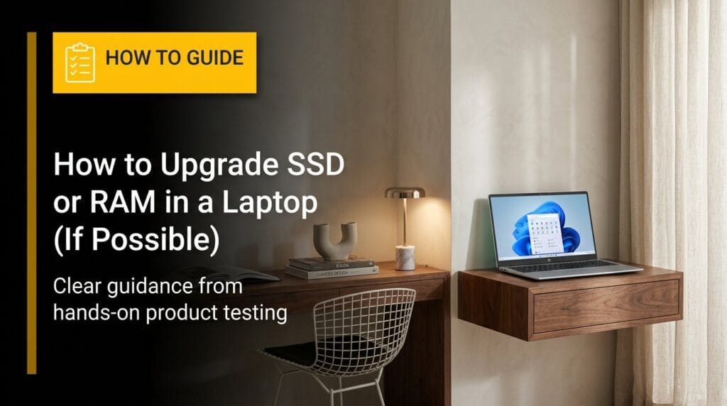 Laptop on a minimal desk, featured image for a guide on upgrading SSD or RAM in a laptop