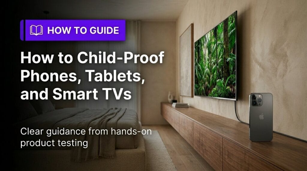 iPhone 13 on a minimal desk for a child-proofing guide hero image