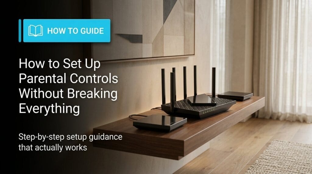 Wi‑Fi router on a minimal surface with soft directional light for a parental controls guide