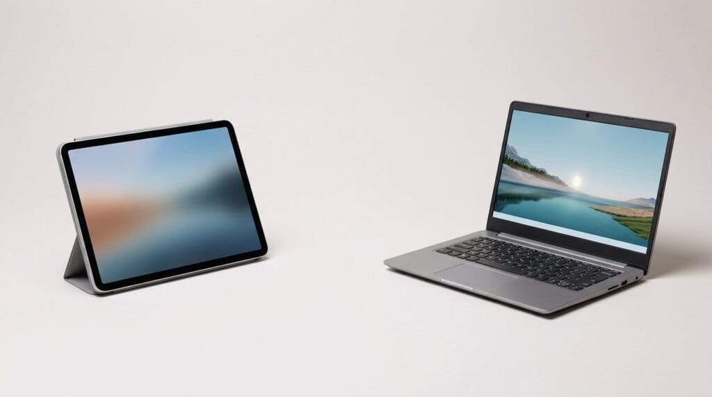 Tablet and laptop on a minimal desk, comparing the cheapest setup for getting work done