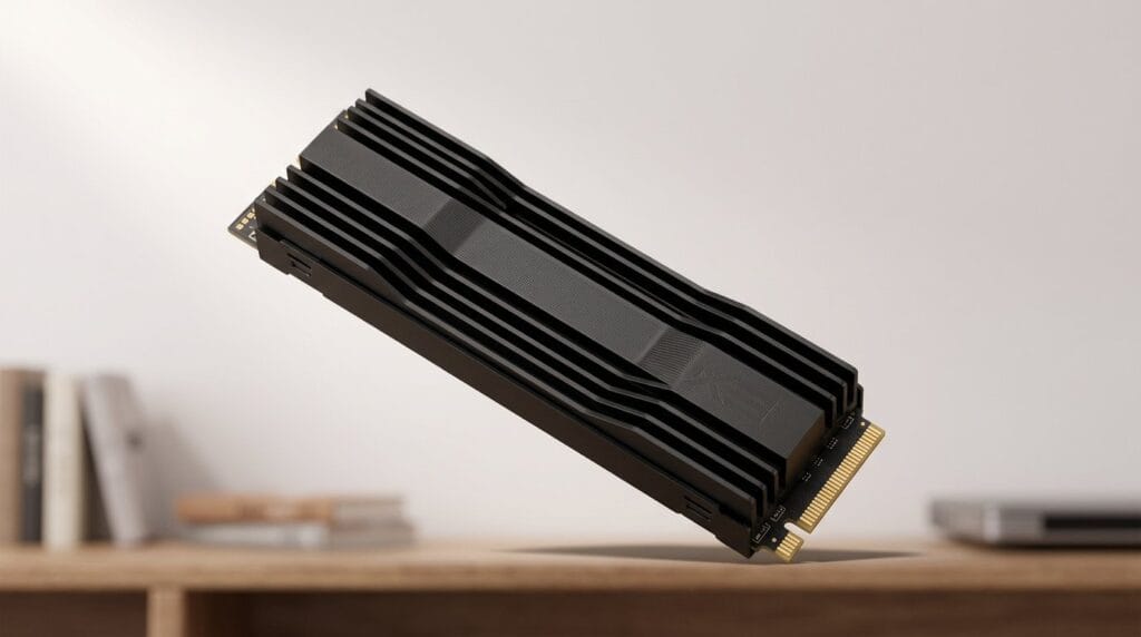 Floating black computer RAM module in a modern workspace with shallow depth of field