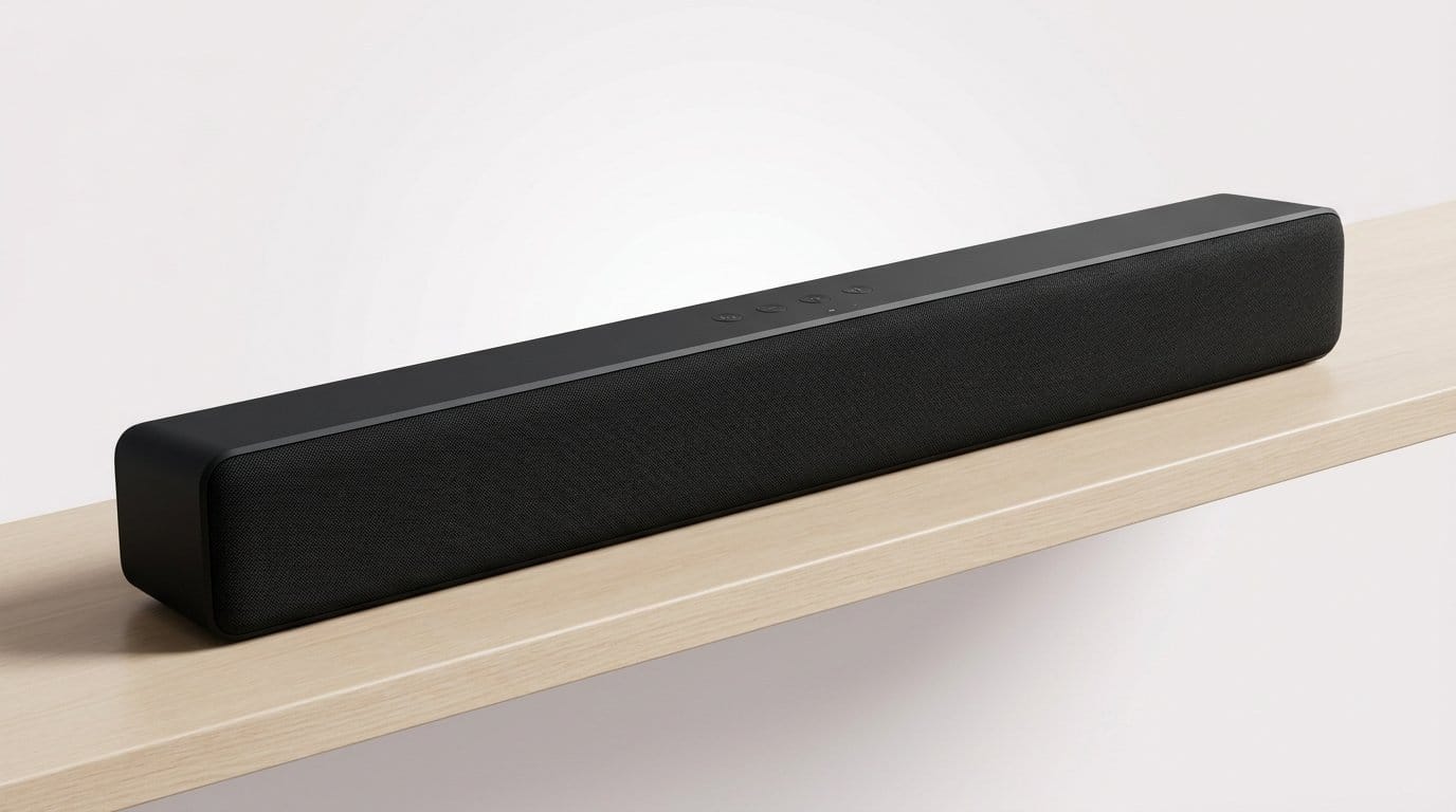 Sleek black soundbar on a wooden shelf against a white wall, highlighting a budget-friendly home theater upgrade