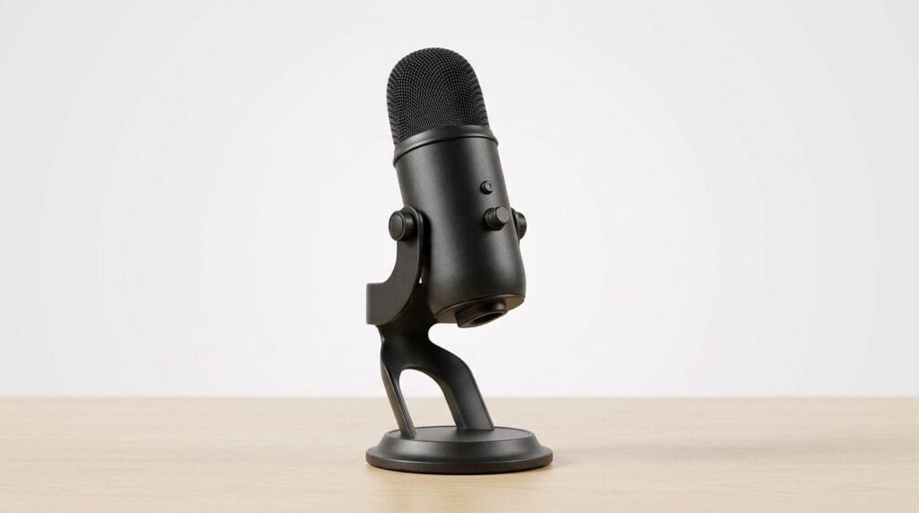 Black desktop condenser microphone on a wooden table with a plain background for Zoom calls
