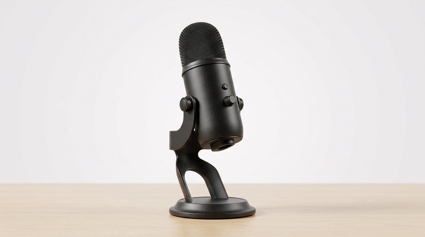 Black desktop condenser microphone on a wooden table with a plain background for Zoom calls