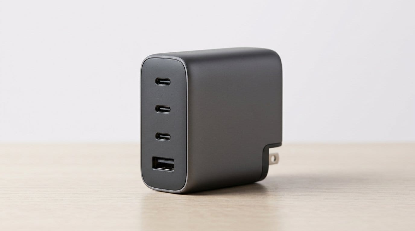 Black multi-port USB-C wall charger on a wooden surface with soft directional light