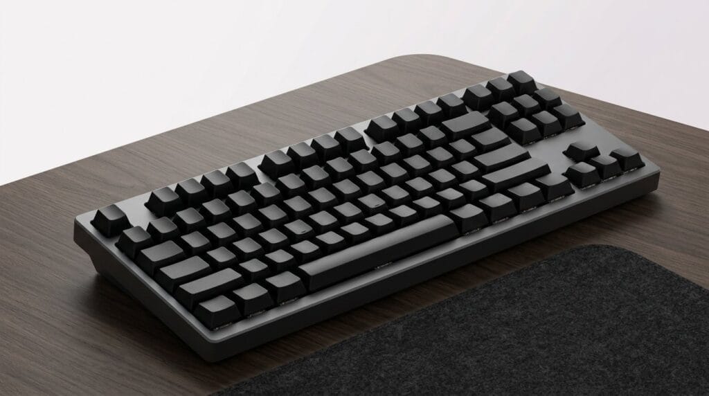 Compact black mechanical keyboard and mouse pad on a wooden desk with soft directional light.