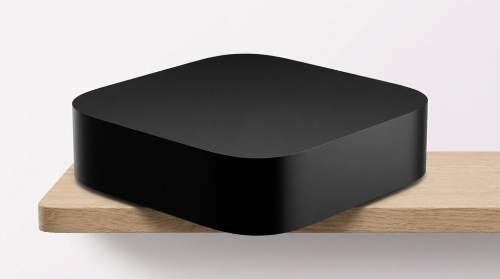 Black streaming device on a wooden shelf with soft light, featured for choosing the right streaming setup