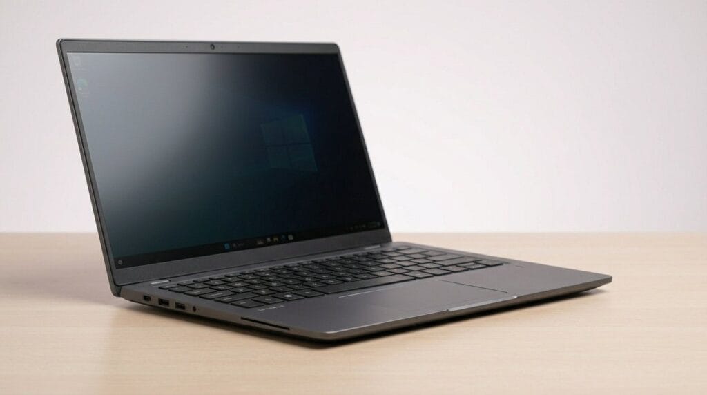 Sleek black laptop on a wooden desk with a blank screen, featured for a laptop speed article