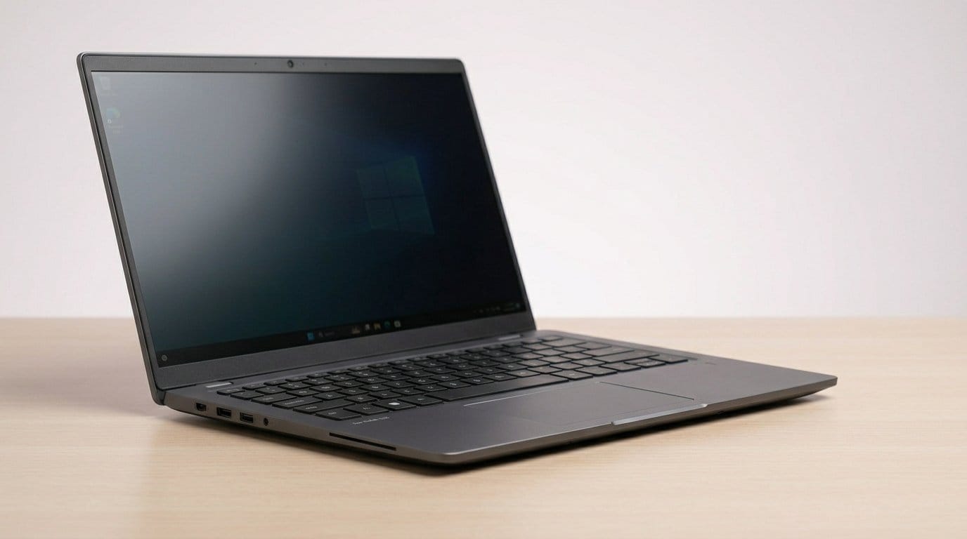 Sleek black laptop on a wooden desk with a blank screen, featured for a laptop speed article
