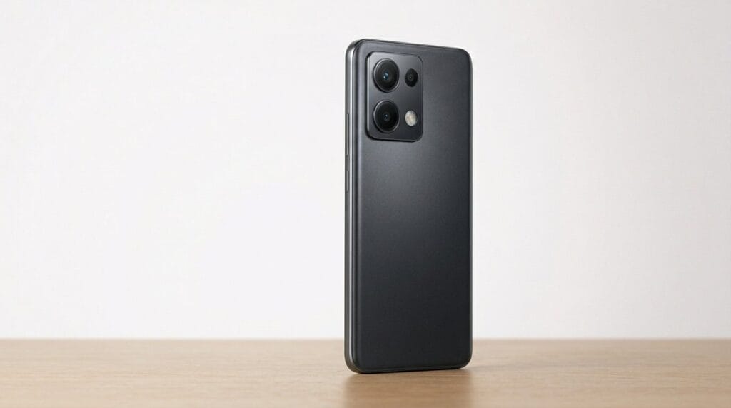 Sleek black smartphone with triple camera setup on a wooden surface.