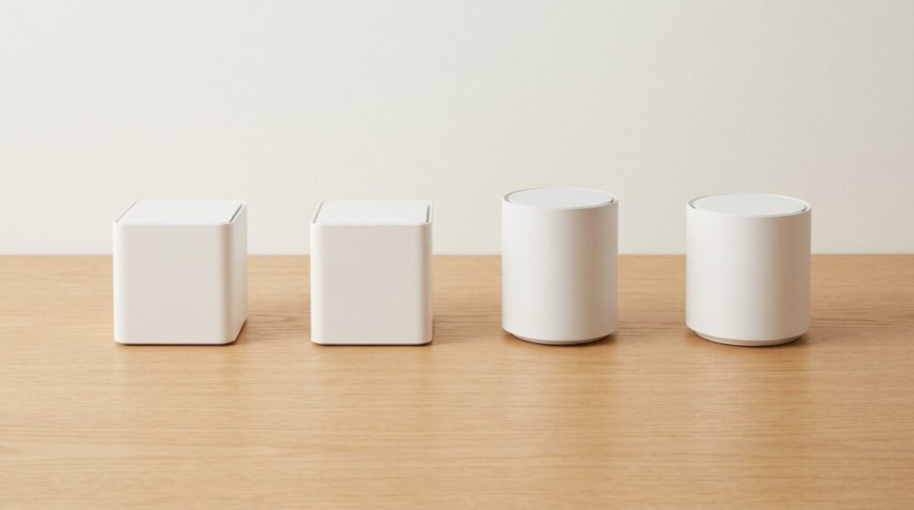 Minimalist white cubes and cylinders on a wooden surface, featured image for a budget mesh Wi‑Fi systems guide