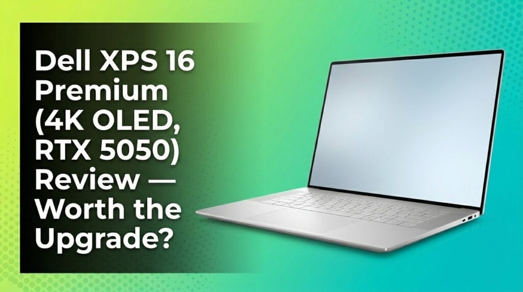 Dell XPS 16 Premium laptop review featured image with 4K OLED display and RTX 5050 graphics