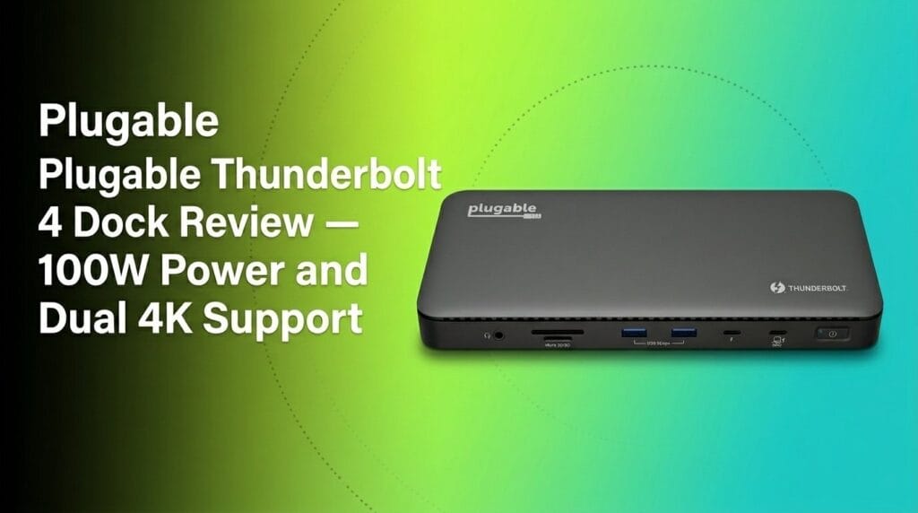 Plugable Thunderbolt 4 dock review featured image with 100W power and dual 4K support on a colorful backdrop.