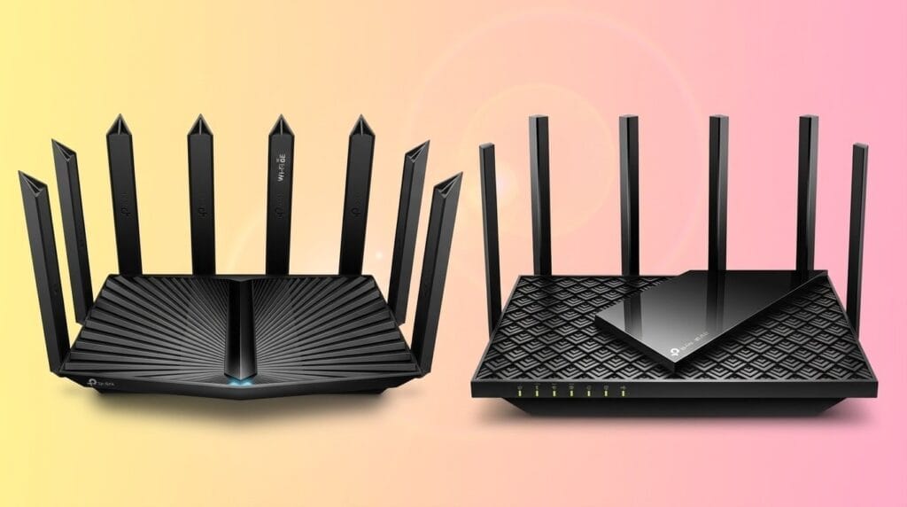 Two modern Wi-Fi routers with antennas on a gradient background for a Wi-Fi 7 vs Wi-Fi 6E comparison.