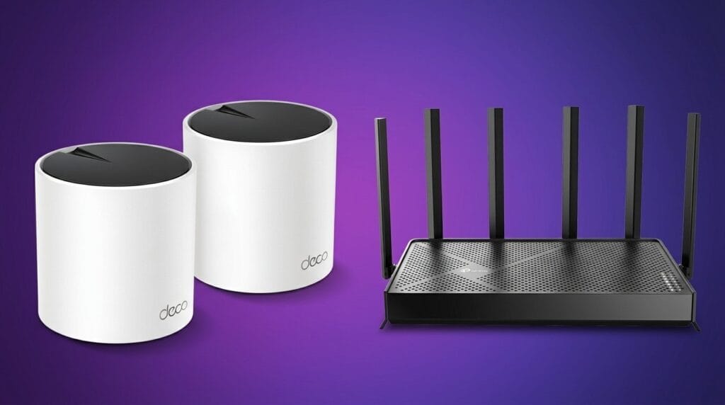 Mesh Wi-Fi system and traditional router on a purple background, shown side by side for comparison.