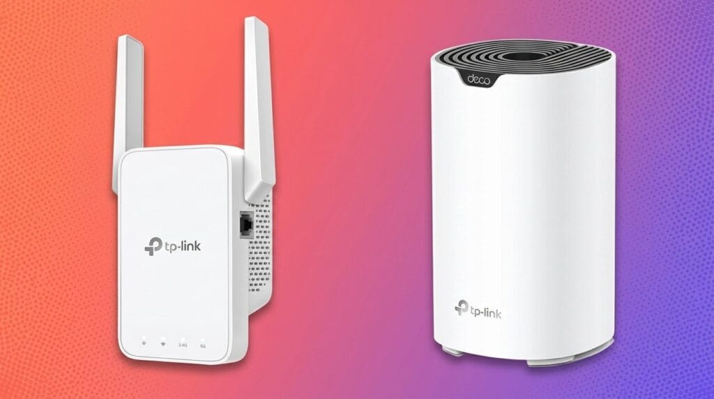 TP-Link WiFi extender and mesh router on a shelf, shown side by side for wireless connectivity comparison