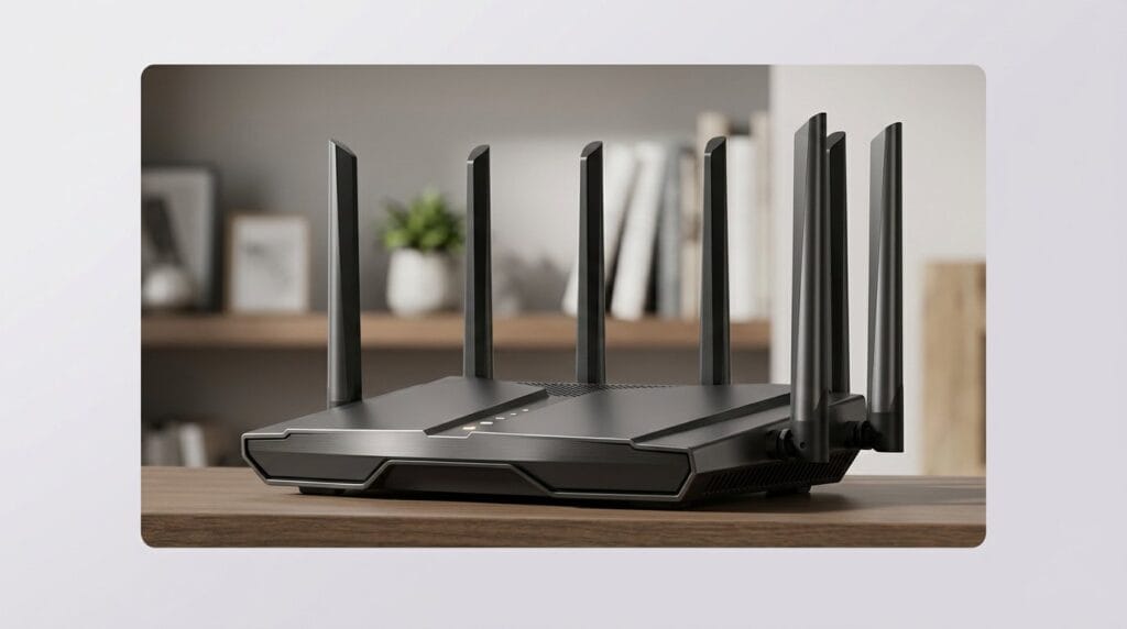 High-performance wireless router with multiple antennas on a modern shelf, shallow depth of field.