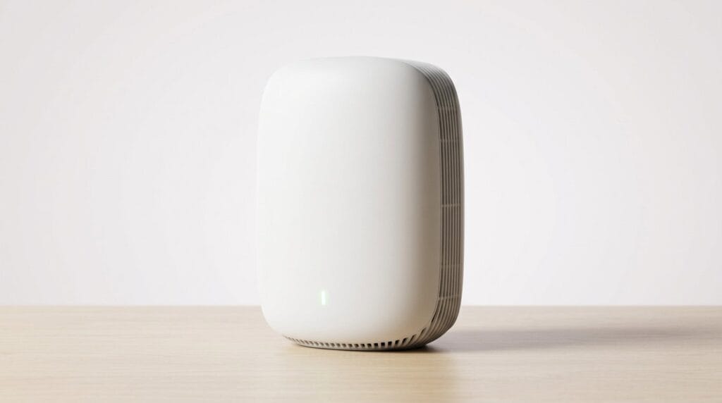 White smart home speaker on a wooden surface against a plain background