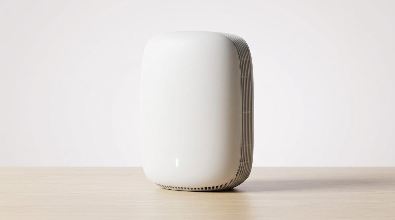 White smart home speaker on a wooden surface against a plain background
