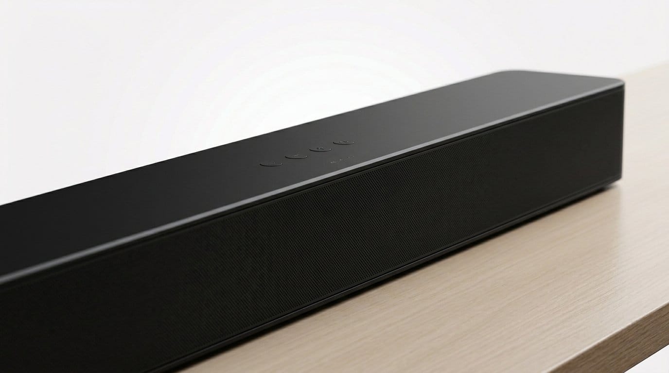 Sleek black soundbar on a wooden surface with soft directional light, highlighting better living room audio