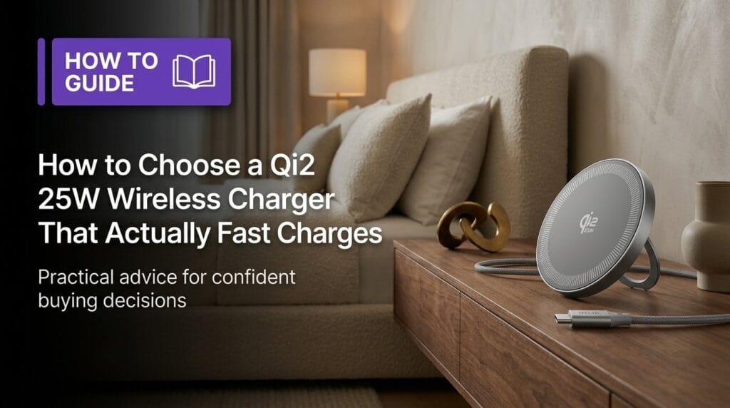 Qi2 wireless charger on a minimal surface with soft directional light.