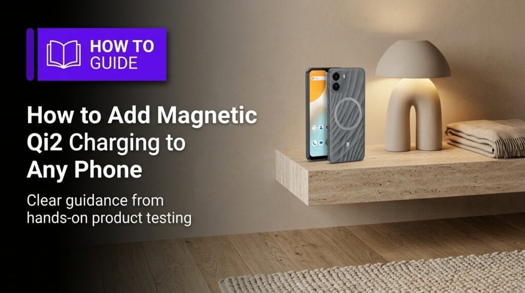 Android smartphone on a minimal surface with soft directional light for a Qi2 charging guide
