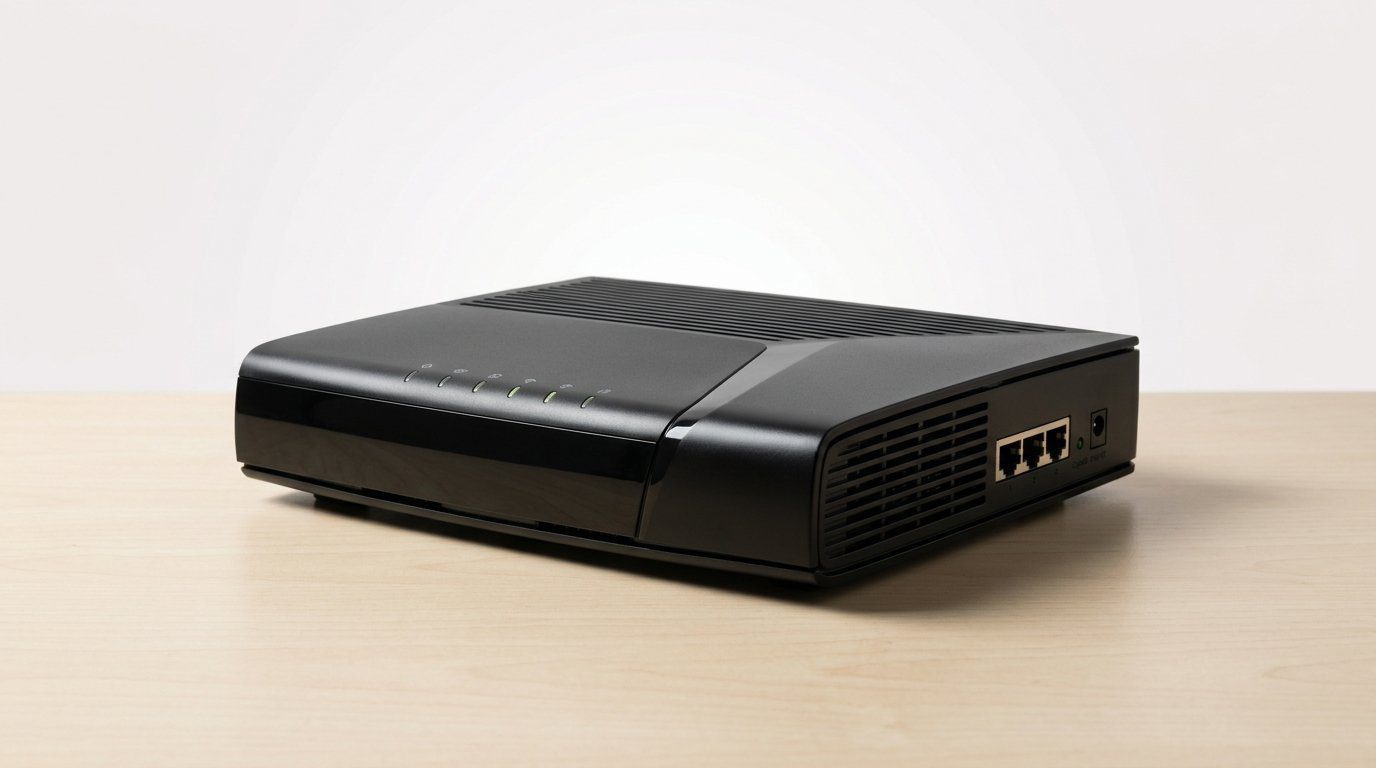 Black DOCSIS 3.1 cable modem on a wooden surface with Ethernet ports visible, lit by soft light