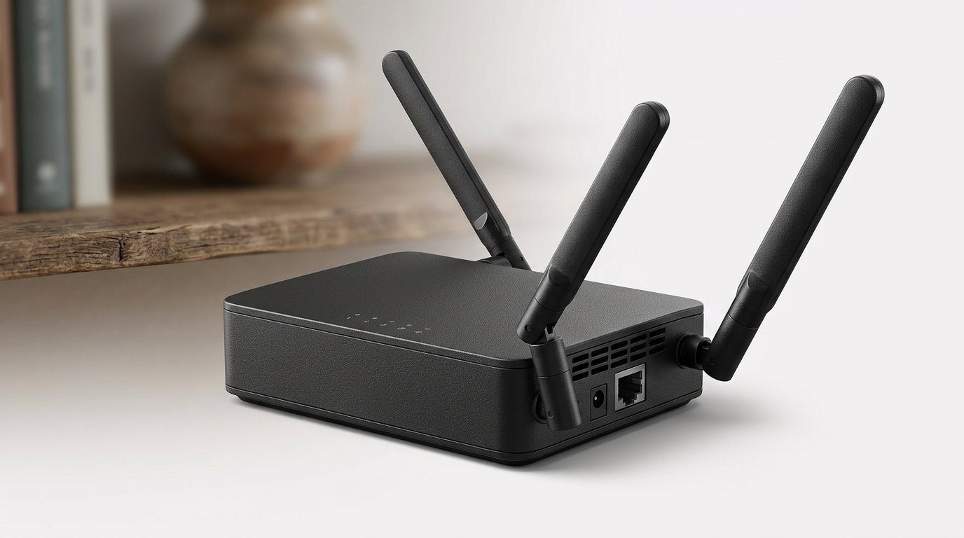 Compact black travel router with three antennas on a white surface, lit by soft directional light