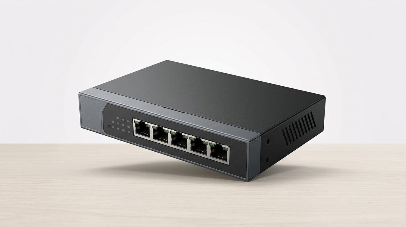 Compact black Ethernet switch with five ports on a wooden surface, lit by soft directional light.