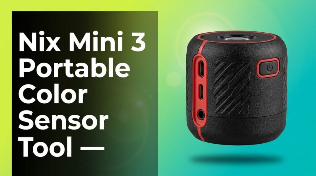 Nix Mini 3 portable color sensor tool on a colorful gradient background for a product review feature.