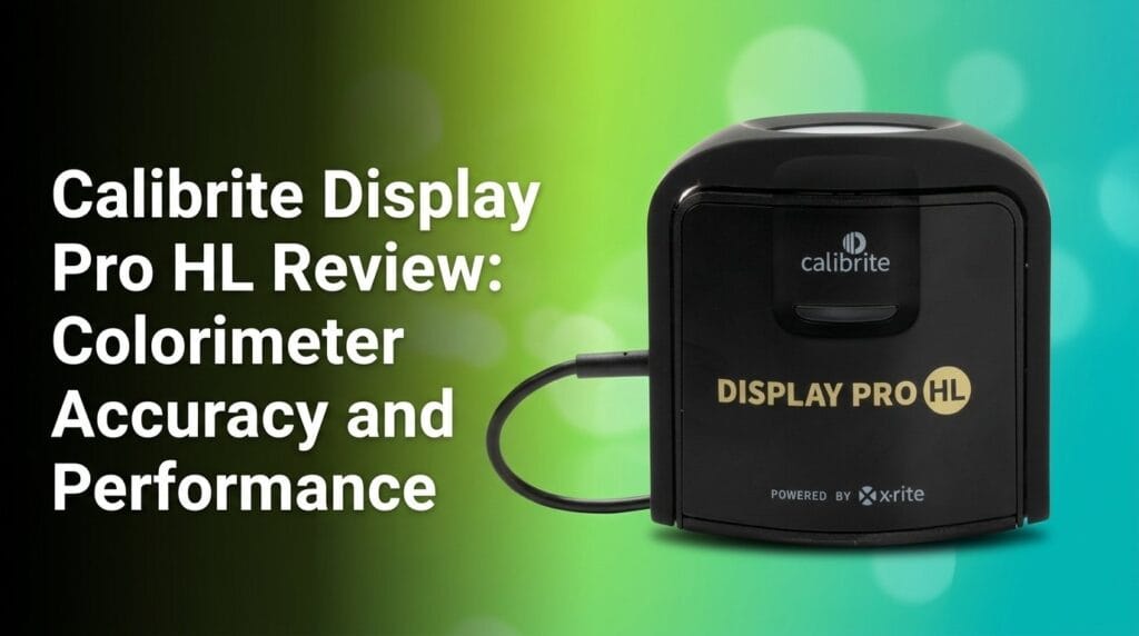 Calibrite Display Pro HL colorimeter on a colorful gradient backdrop for a product review feature.