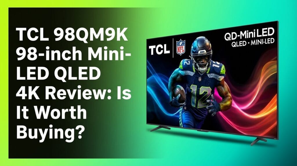 TCL 98QM9K 98-inch Mini-LED QLED 4K TV review hero image on a colorful gradient backdrop