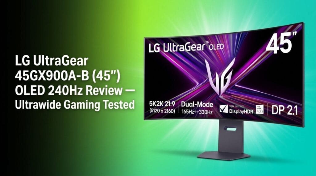 LG UltraGear 45GX900A-B 45-inch OLED gaming monitor on a colorful studio backdrop