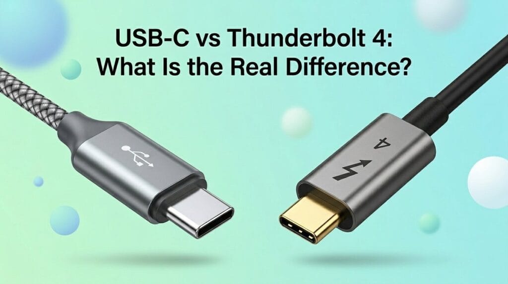USB-C and Thunderbolt 4 cables side by side on a minimal surface with soft directional light