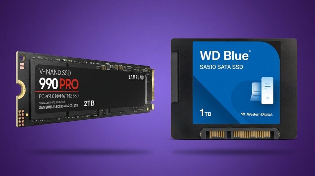 Samsung 990 Pro NVMe SSD and WD Blue SATA SSD side by side on a purple background