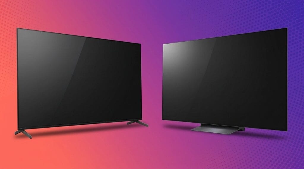 Two modern TVs side by side on a purple and orange gradient background for a QD-OLED vs WOLED gaming comparison