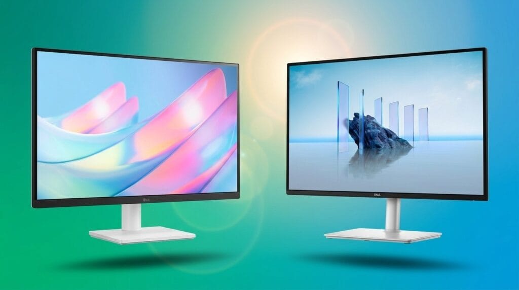 Two modern monitors with colorful wallpapers on a gradient background comparing 4K and 1440p displays