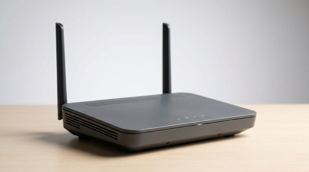 Black wireless router with two antennas on a wooden surface, lit by soft directional light.