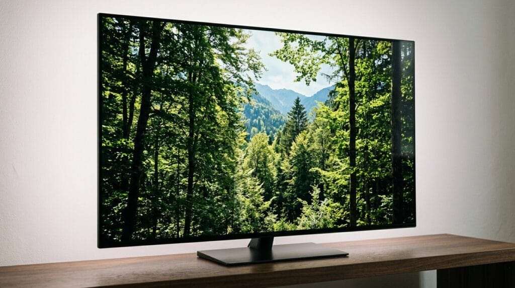 Flat-screen TV on a wooden stand showing a vibrant forest landscape