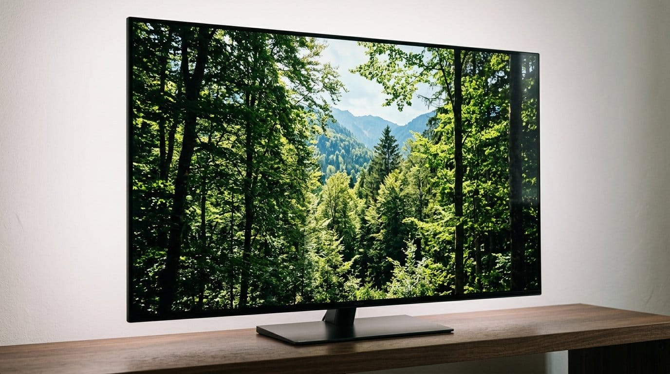 Flat-screen TV on a wooden stand showing a vibrant forest landscape