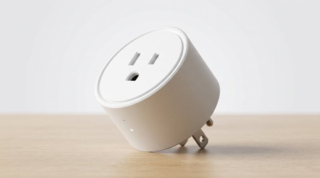 Compact white smart plug adapter on a wooden surface with soft directional light.