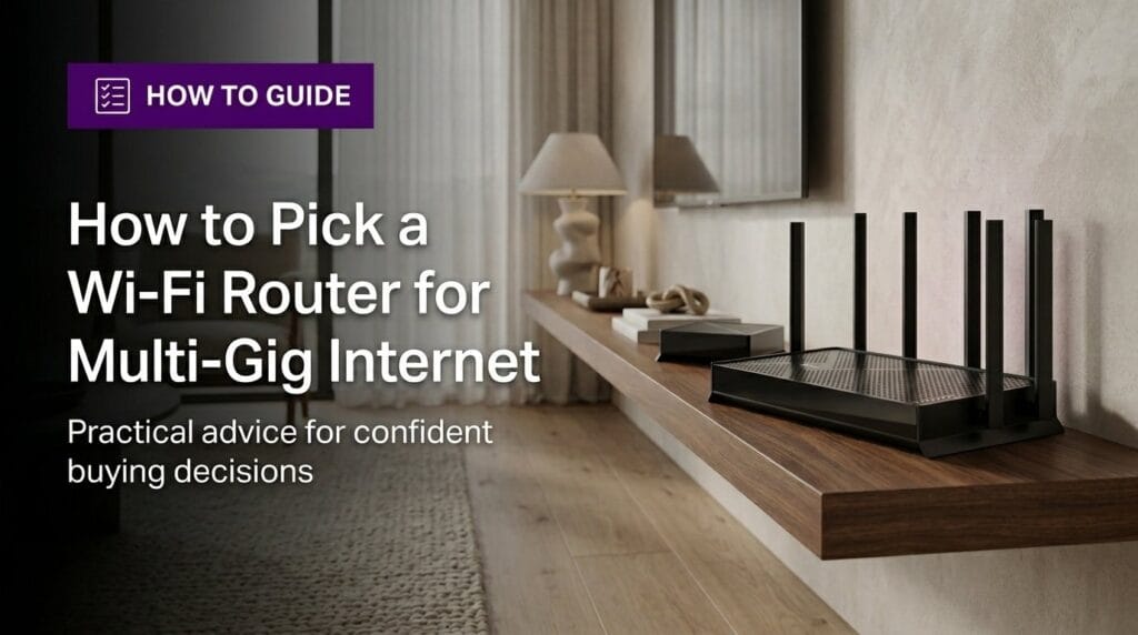Wi-Fi router on a modern shelf with shallow depth of field for a multi-gig internet guide