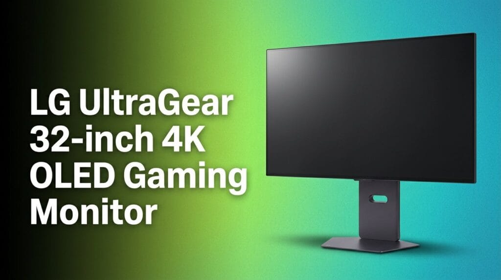 LG UltraGear 32-inch 4K OLED gaming monitor featured against a colorful studio backdrop
