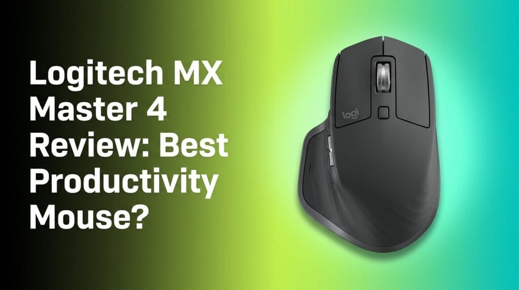 Logitech MX Master 4 featured review image on a desk mat with soft light