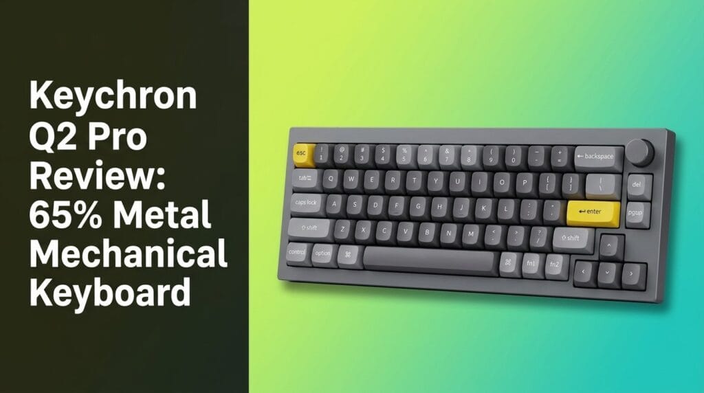 Keychron Q2 Pro 65% metal mechanical keyboard on a desk mat with soft light for review hero image