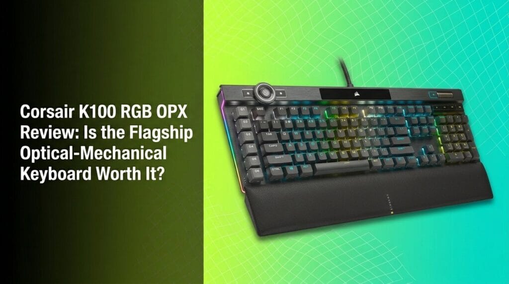Corsair K100 RGB OPX gaming keyboard featured image on a desk mat with soft lighting