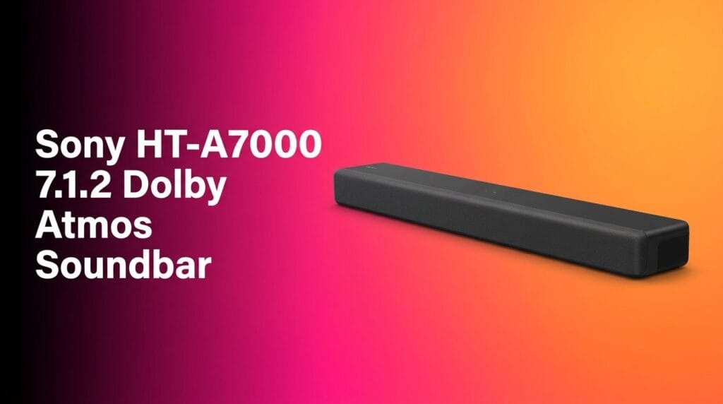 Sony HT-A7000 Dolby Atmos soundbar on a tabletop with soft directional lighting