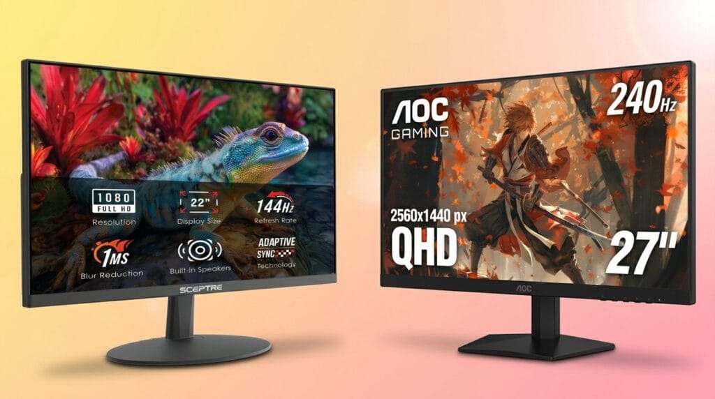 Two AOC gaming monitors showing 240Hz QHD and 144Hz Full HD specs side by side