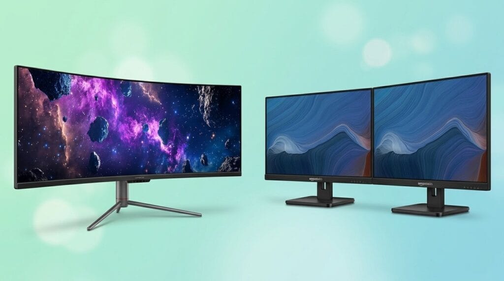 Ultrawide curved monitor beside dual flat monitors on a minimal surface with soft light