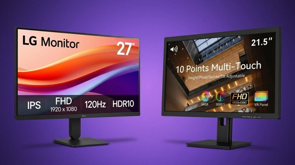 Dual LG monitors showing a 27-inch FHD IPS display and 21.5-inch touch screen side by side